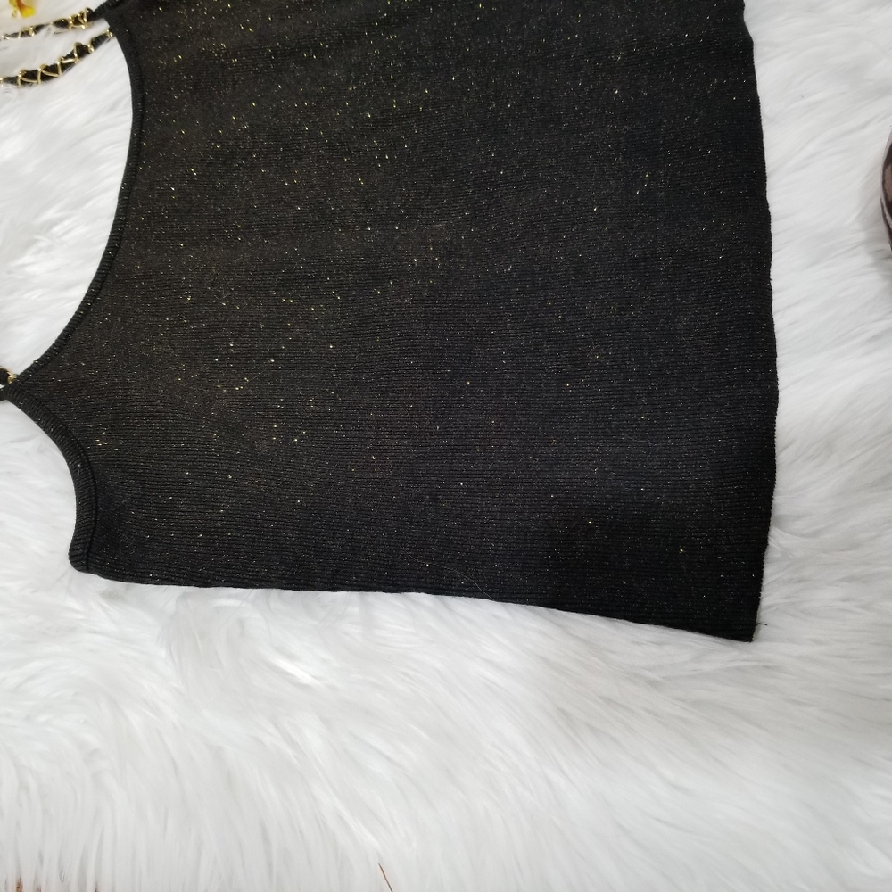 Black Cable & Gauge Top with Gold Glitter and Gold Chain Straps, SIZE L. - Picture 2 of 15